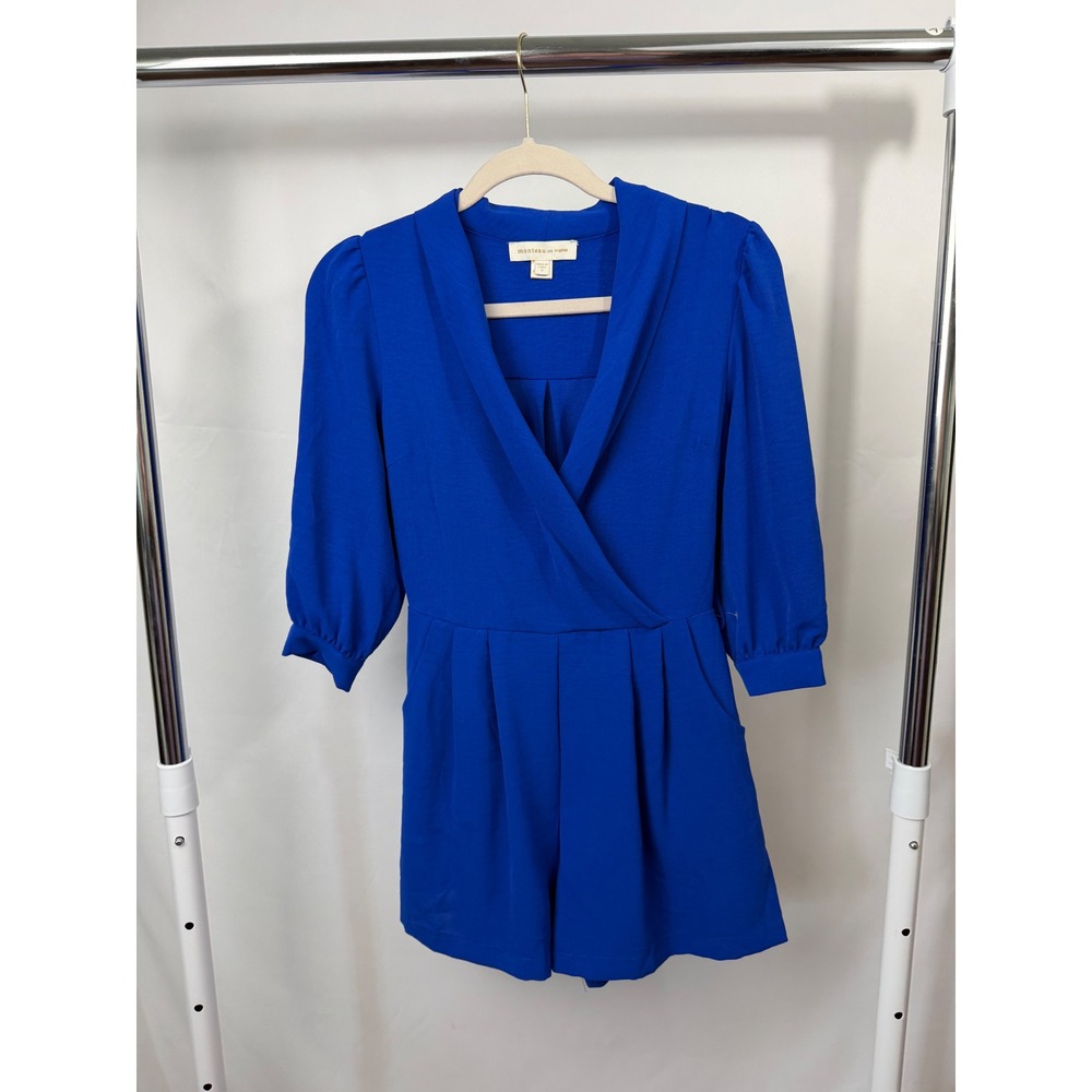 Monteau Los Angeles Royal Blue Wrap Front Romper 3/4 Puff Sleeve Small - Picture 2 of 15